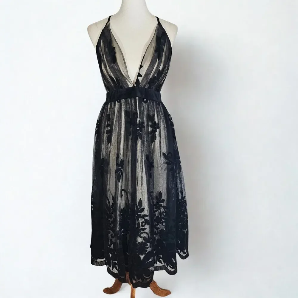 Venus Black and Nude Tulle Midi Dress - Picture 2 of 8